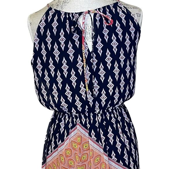 Sweet Storm Printed Halter Maxi Dress Navy White Yellow Peach Pink Medium - Picture 7 of 14